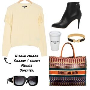 Nicole Miller Fringe Yellow / Cream Knit Sweater